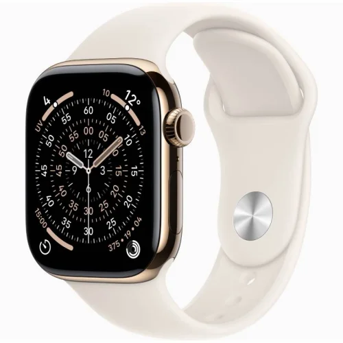Apple Watch Series 11, Boîtier en Titane Or (GPS/46 mm) Bracelet Sport Lumière stellaire - S/M