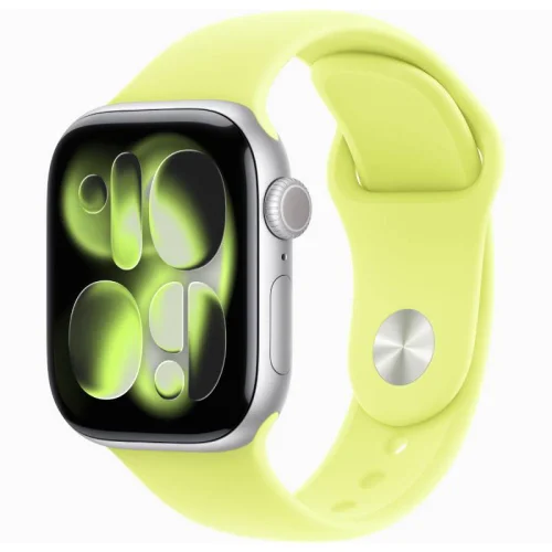 Apple Watch Series 11 GPS + Cellular 42 mm en Aluminium Argent - Bracelet Sport Jaune fluo Image principale