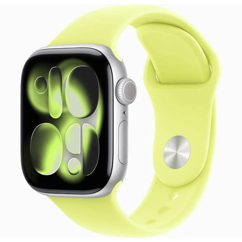 Apple Watch Series 11 GPS + Cellular 42 mm en Aluminium Argent - Bracelet Sport Jaune fluo