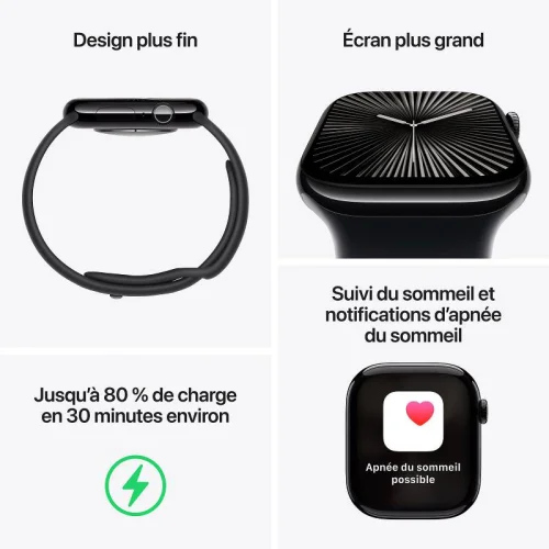 Apple Watch Series 10, Boîtier en aluminium Noir de jais (42 mm / GPS ) Bracelet Sport Noir - M/L Image 3