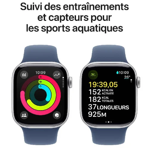 Apple Watch Series 10, Boîtier en aluminium Argent (46 mm / GPS ) Bracelet Sport Denim - S/M Image 4