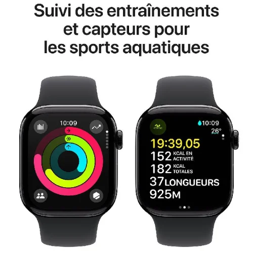 Apple Watch Series 10, Boîtier en aluminium Noir de jais (46 mm / GPS ) Bracelet Sport Noir - M/L Image 4