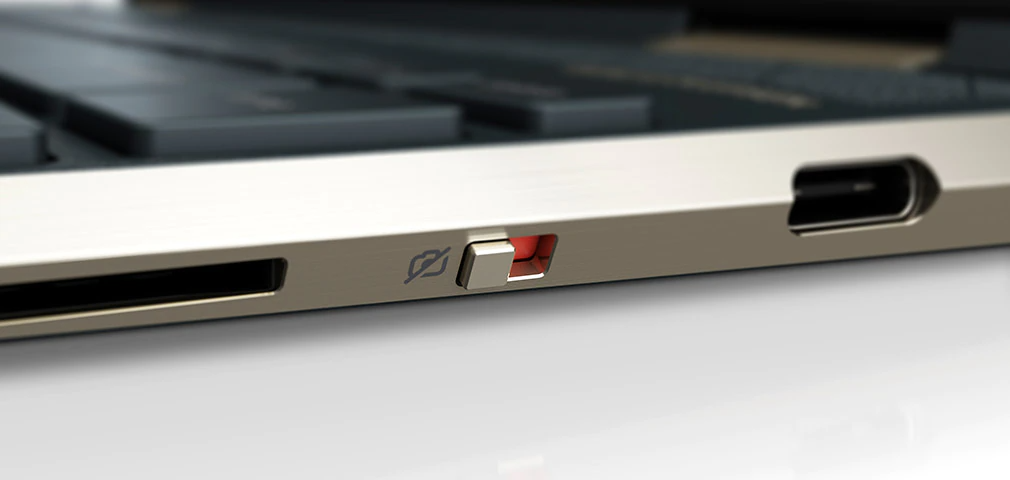 Gros plan de la fonction sur le côté de l’ordinateur portable de l’interrupteur physique de la caméra de confidentialité HP - Ordinateur portable convertible puissant HP Spectre x360