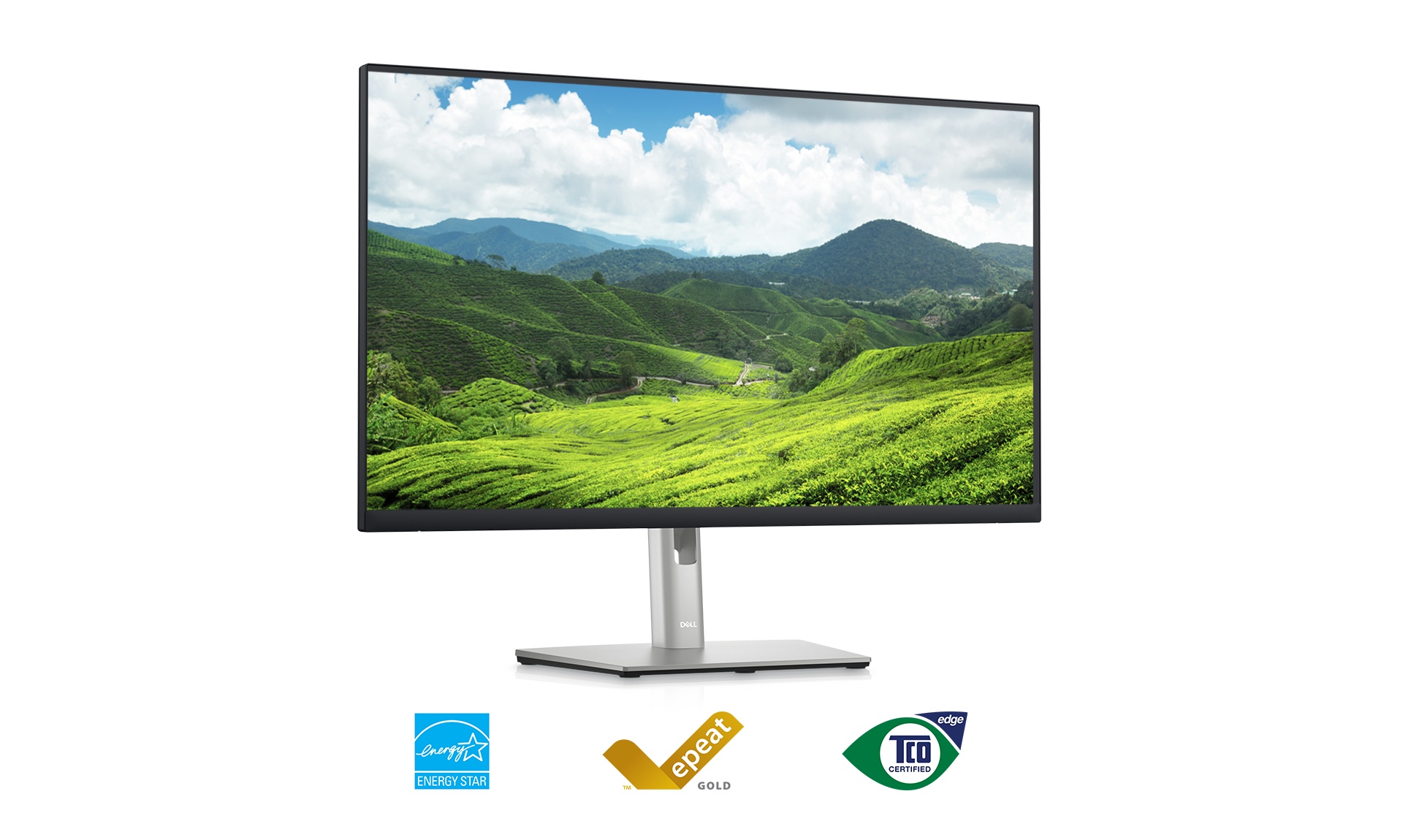 Image d’un moniteur Dell P2723QE qui affiche un paysage à l’arrière-plan.