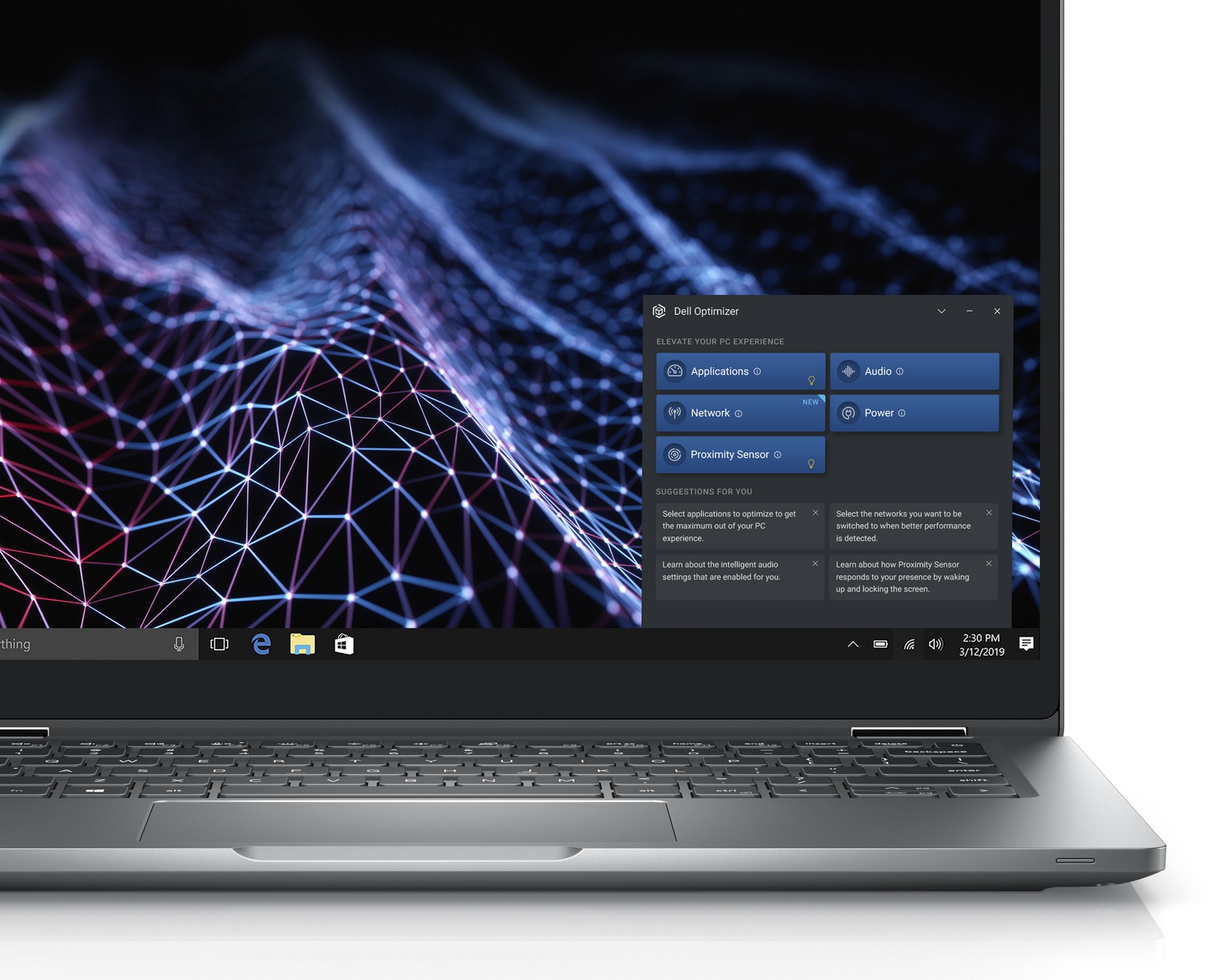 Image d'un ordinateur portable Dell Latitude 13 2-en-1 5330 avec l'outil Dell Optimizer sur le côté droit de l'écran.