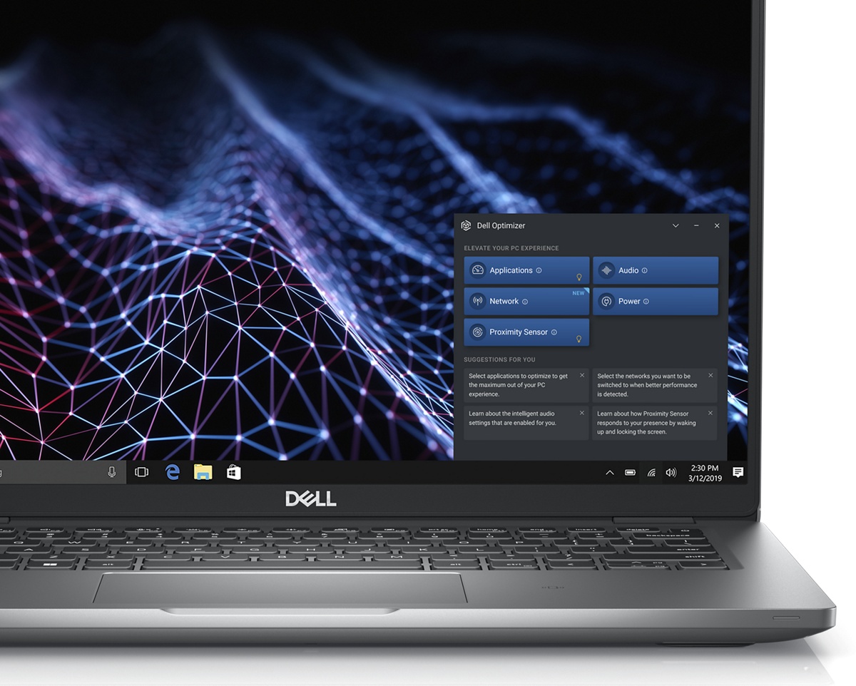 Image d’un ordinateur portable Dell Latitude 5430 avec l’outil Dell Optimizer sur le côté droit de l’écran.