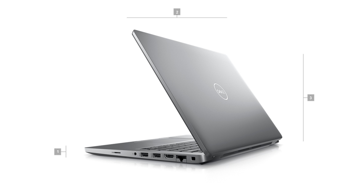 Image d’un ordinateur Dell Latitude 5430 avec l’arrière visible et les chiffres 1 à 3 qui indiquent les dimensions et le poids du produit.