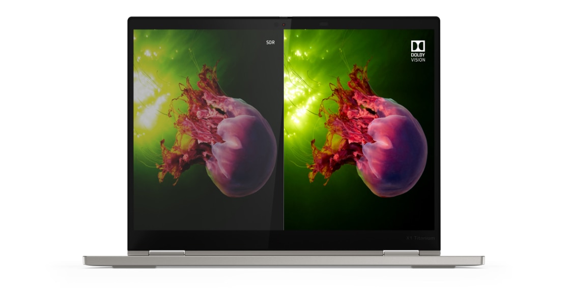 Headshot of 2K panel with Dolby Vision on the Lenovo ThinkPad X1 Titanium Yoga 2-in-1 laptop.