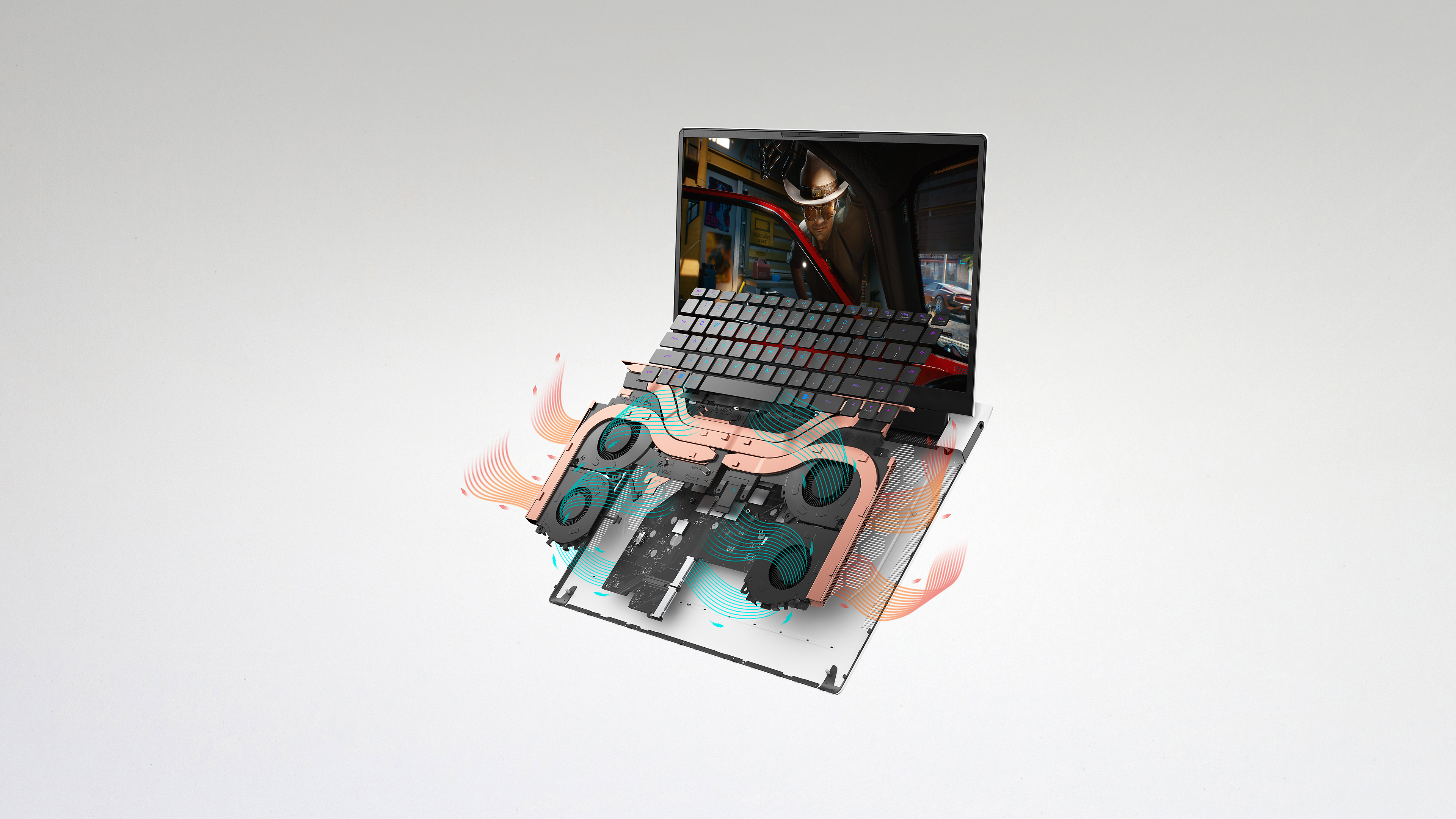 Image de l’ordinateur portable de gaming Dell Alienware x17 R2 avec clavier démonté en détail, montrant la toute dernière technologie de refroidissement.