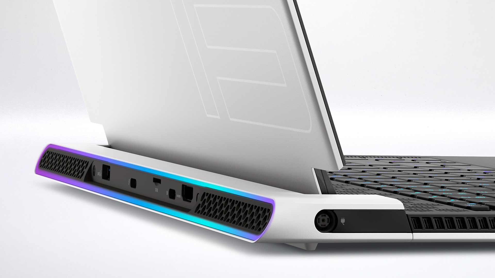 Image de l’ordinateur portable de gaming Dell Alienware x17 R2 ouvert avec l’arrière sur un fond blanc.