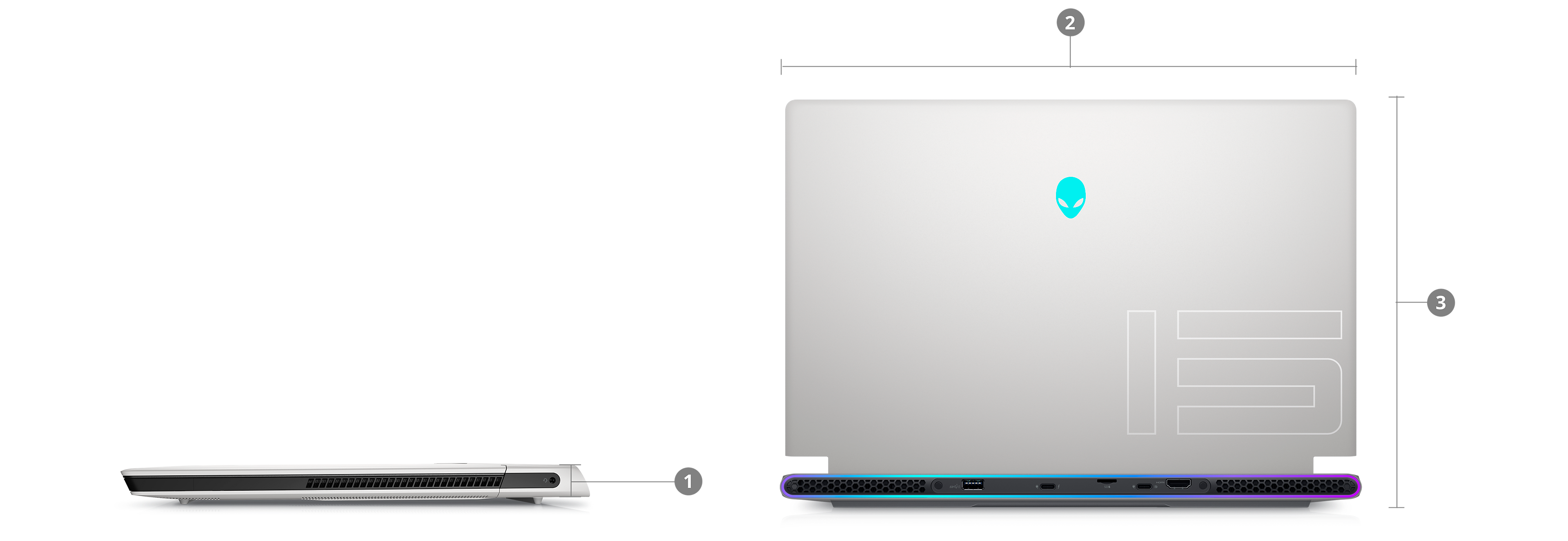 Image de deux ordinateurs portables Alienware x17R2, l’un ouvert et l’autre fermé avec des chiffres compris entre 1 et 3, signalant les dimensions et le poids.