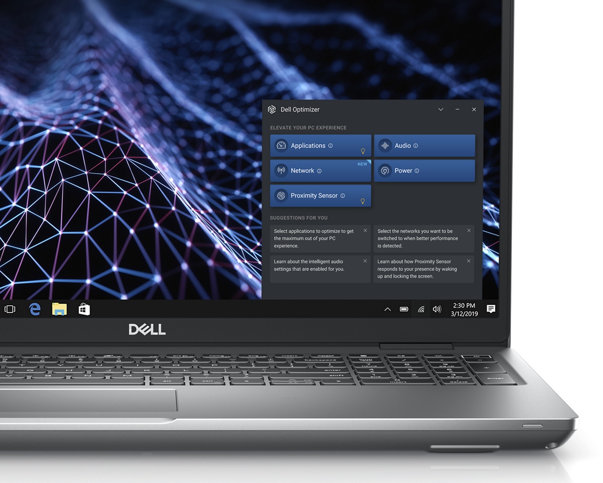 Image d’un ordinateur portable Dell Latitude 15 5531 avec l’outil Dell Optimizer sur le côté droit de l’écran.