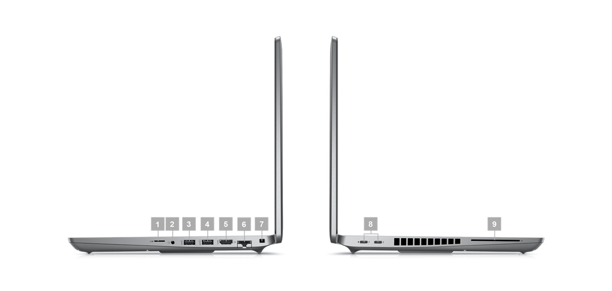 Image de profil de deux ordinateurs portables Dell Latitude 15 5531 et les chiffres 1 à 9 indiquant les ports du produit.
