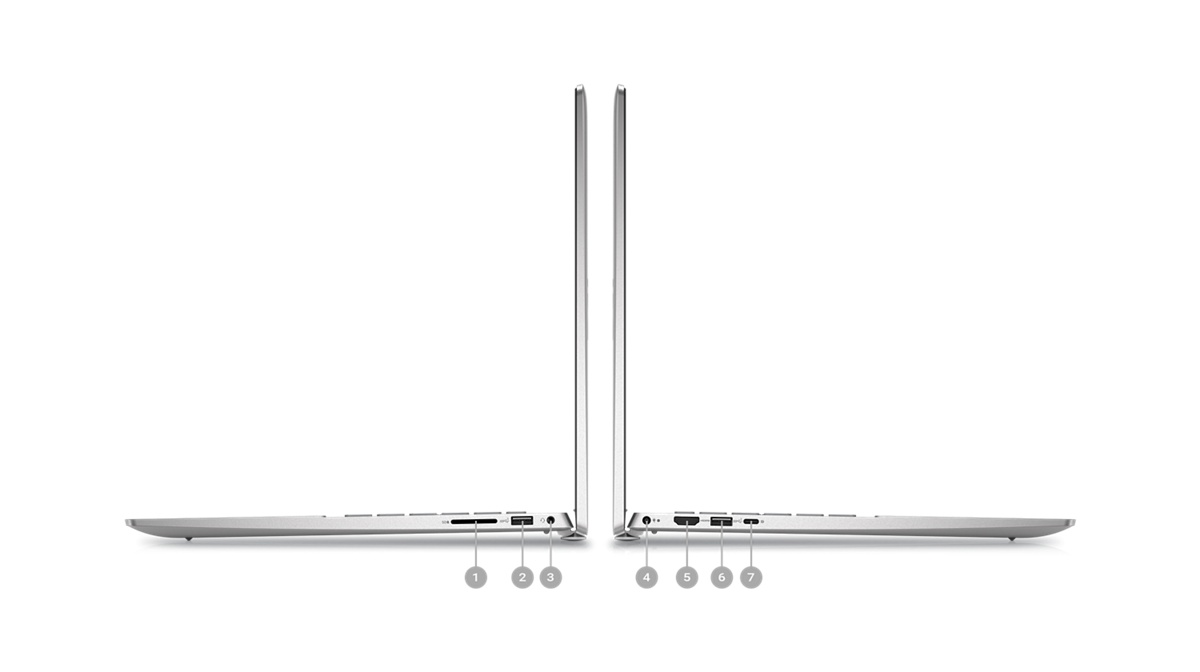 Photo de deux ordinateurs portables Dell Inspiron 5620 placés de côté avec les chiffres 1 à 7 indiquant les ports des produits.