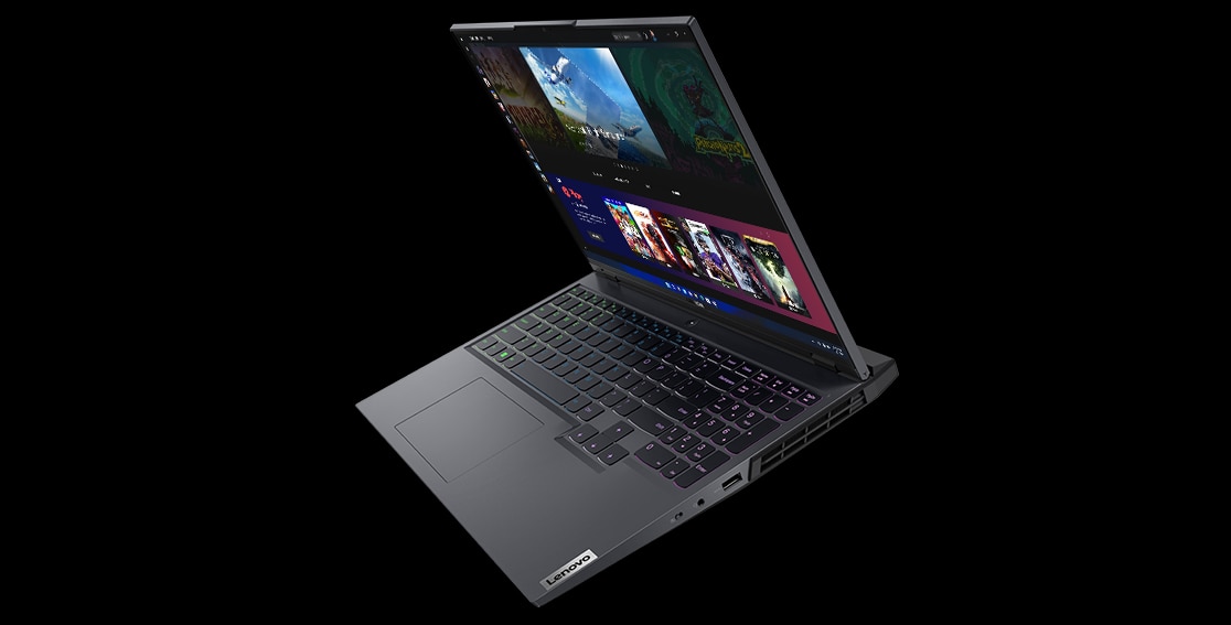 Vue latérale gauche de l’ordinateur portable de gaming Lenovo Legion 5i Pro Gen 7 (16 '' Intel), modèle Glacier White 