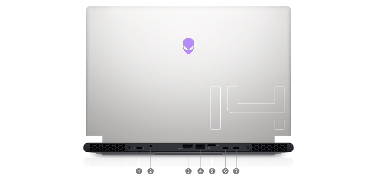 Picture of a Dell Alienware X14 Gaming Laptop with numbers from 1 to 7 signaling product ports and slots.