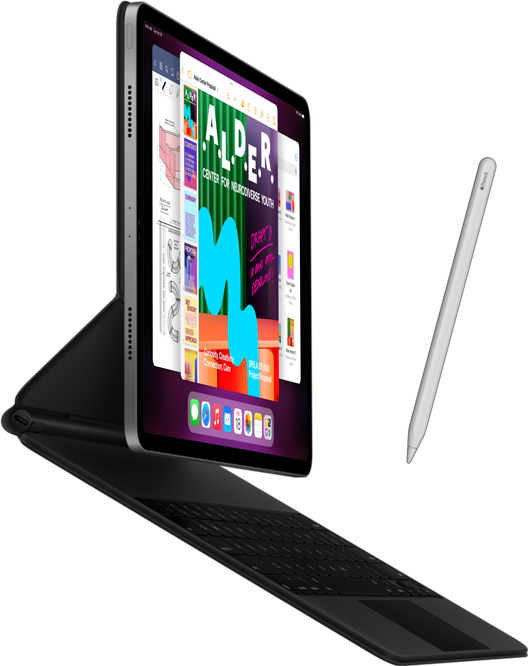 Vue latérale d'un iPad Pro auquel est fixé un Smart Keyboard Folio et d'un Apple Pencil