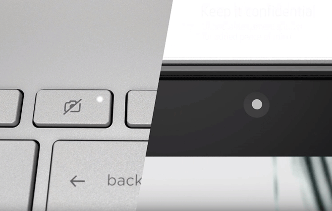 Close up of the webcam kill switch button on a Spectre x360 keyboard