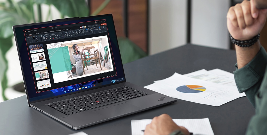 Lenovo ThinkPad Z16 laptop in use on a table. 