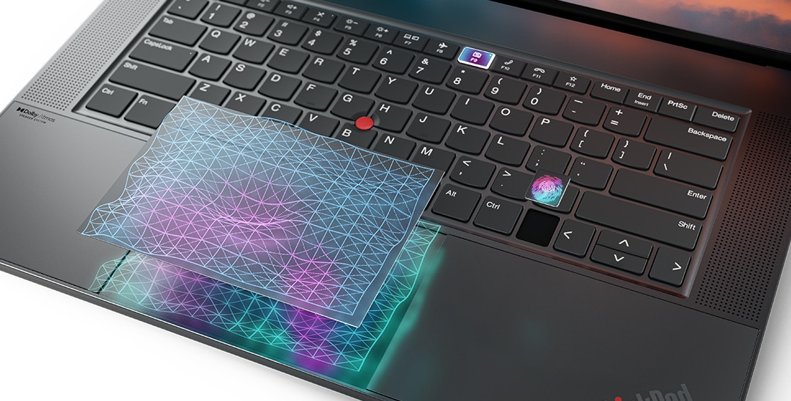 Detail of fingerprint reader and Force Pad on the Lenovo ThinkPad Z16 laptop. 