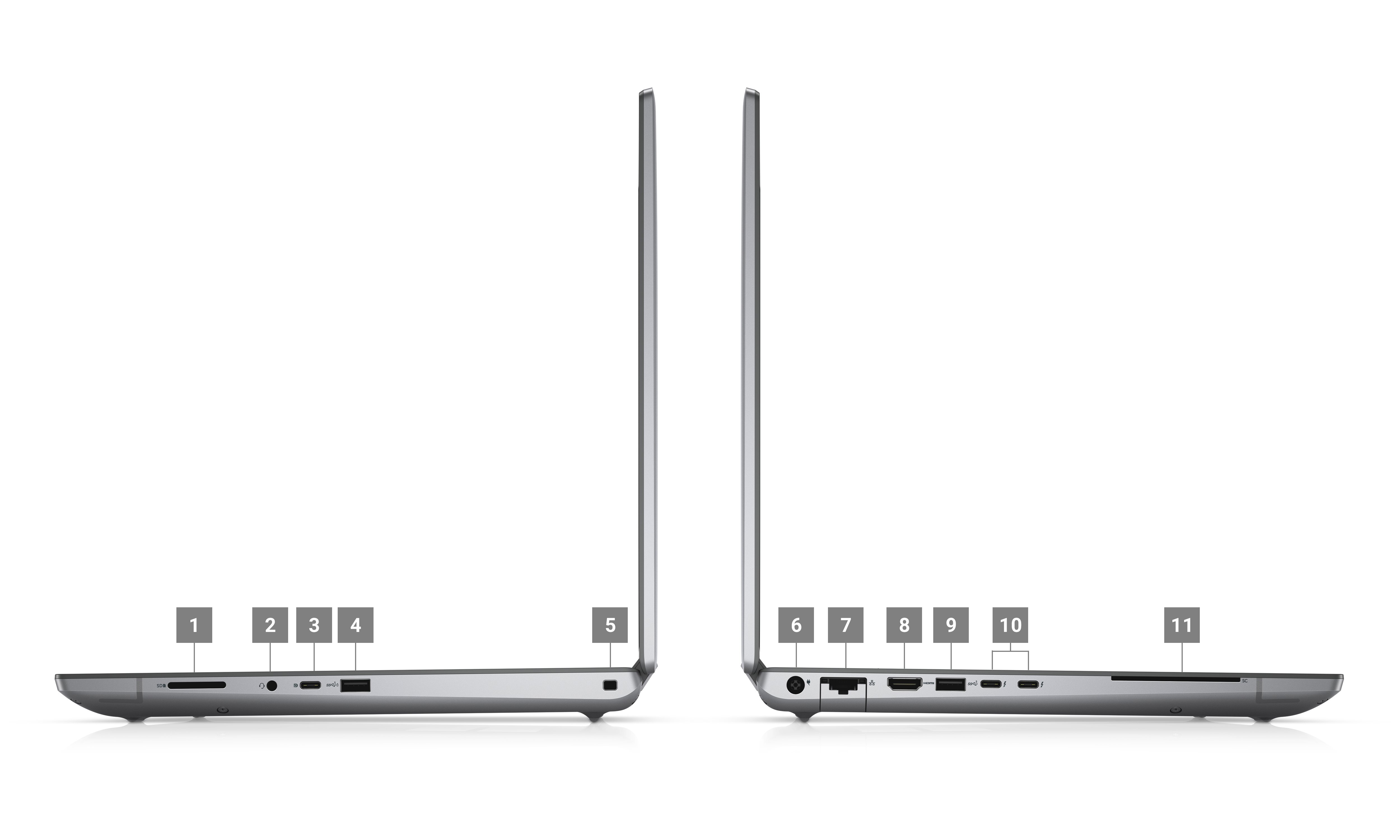 Image de deux stations de travail mobiles Dell Precision 7670 placées de côté avec des numéros compris entre 1 et 11 signalant les ports des produits.