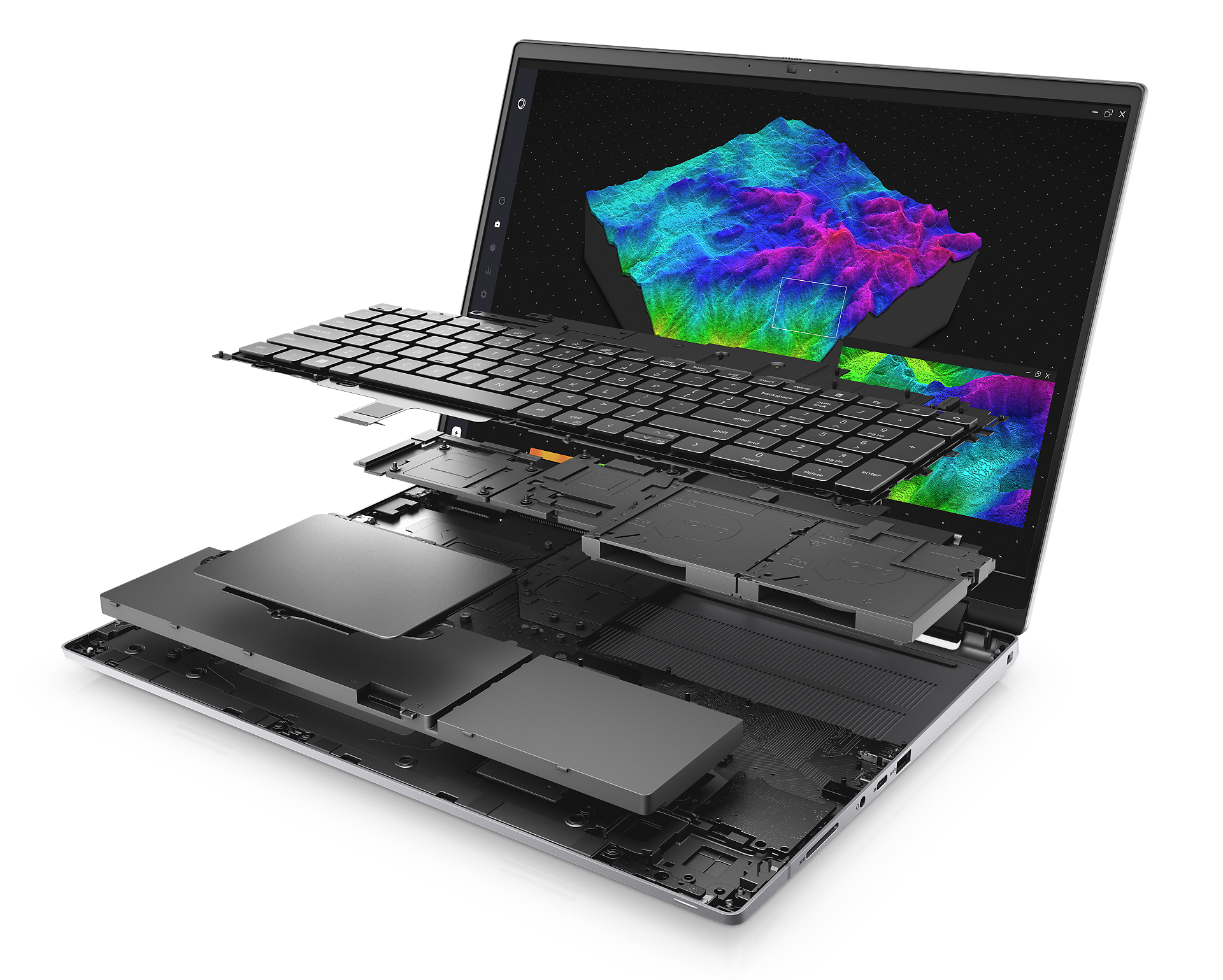 Image d’une station de travail mobile Dell Precision 16 7670 démontée montrant l’intérieur du clavier du produit.