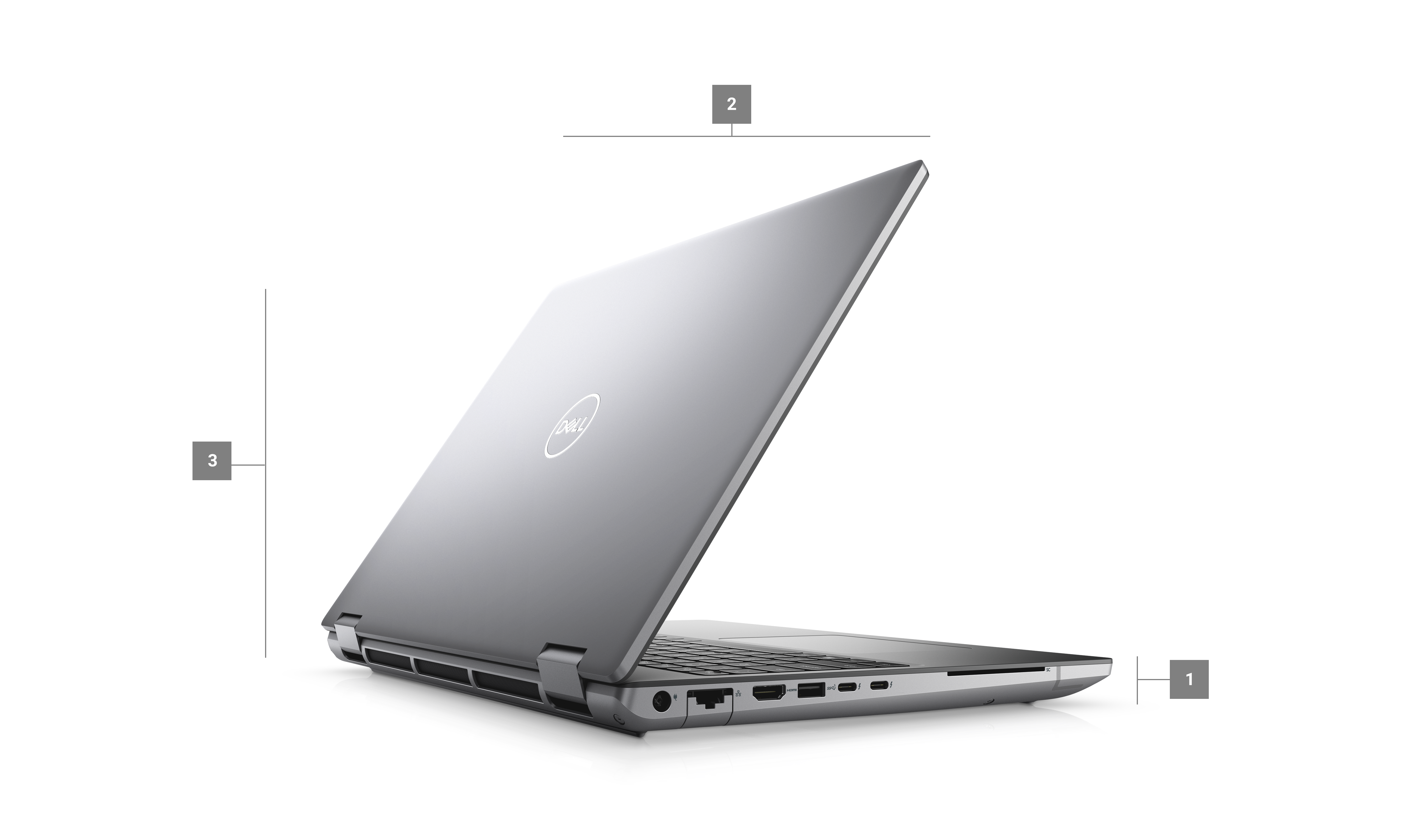 Image d’une station de travail Dell Precision 7670 avec l’arrière visible et les chiffres 1 à 3 indiquant les dimensions et le poids du produit.