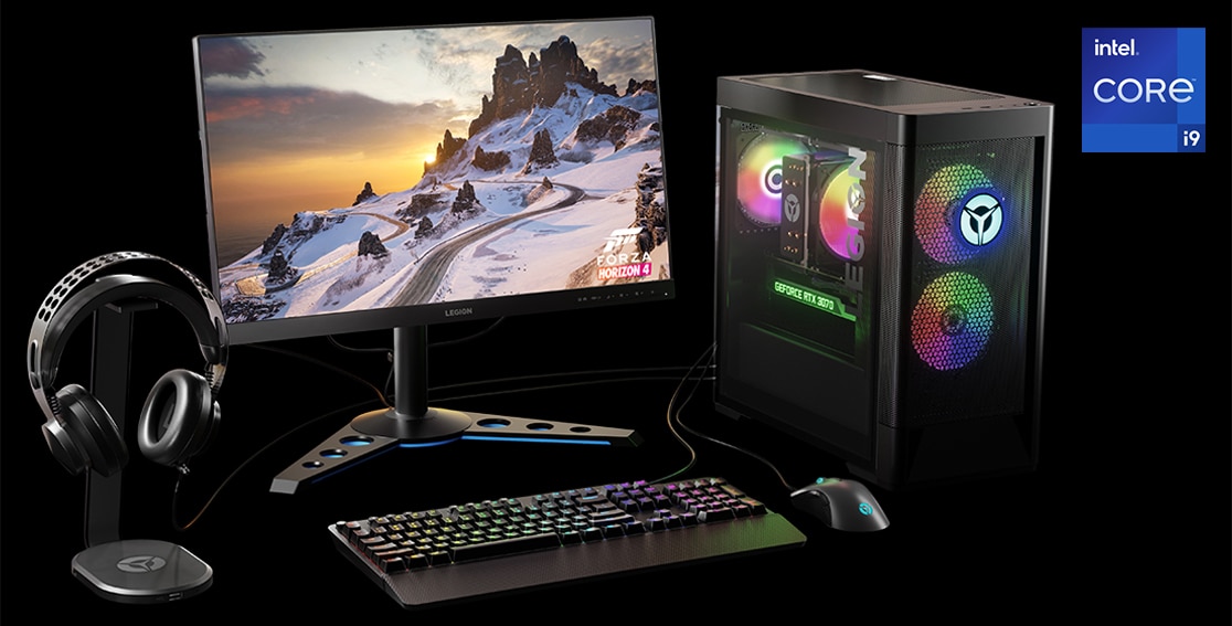 La tour Legion 5i Gen 7 et une suite complète d’accessoires Legion, avec notamment un clavier rétroéclairé RVB, une souris de gaming filaire, des écouteurs et un moniteur. 