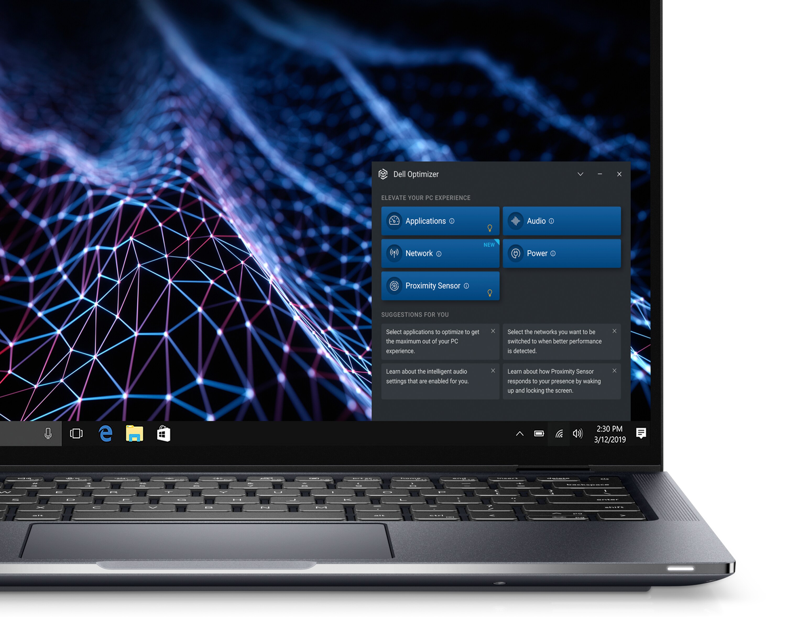 Image d’un ordinateur portable 2-en-1 Dell Latitude 14 9430 avec l’outil Dell Optimizer sur le côté droit de l’écran.