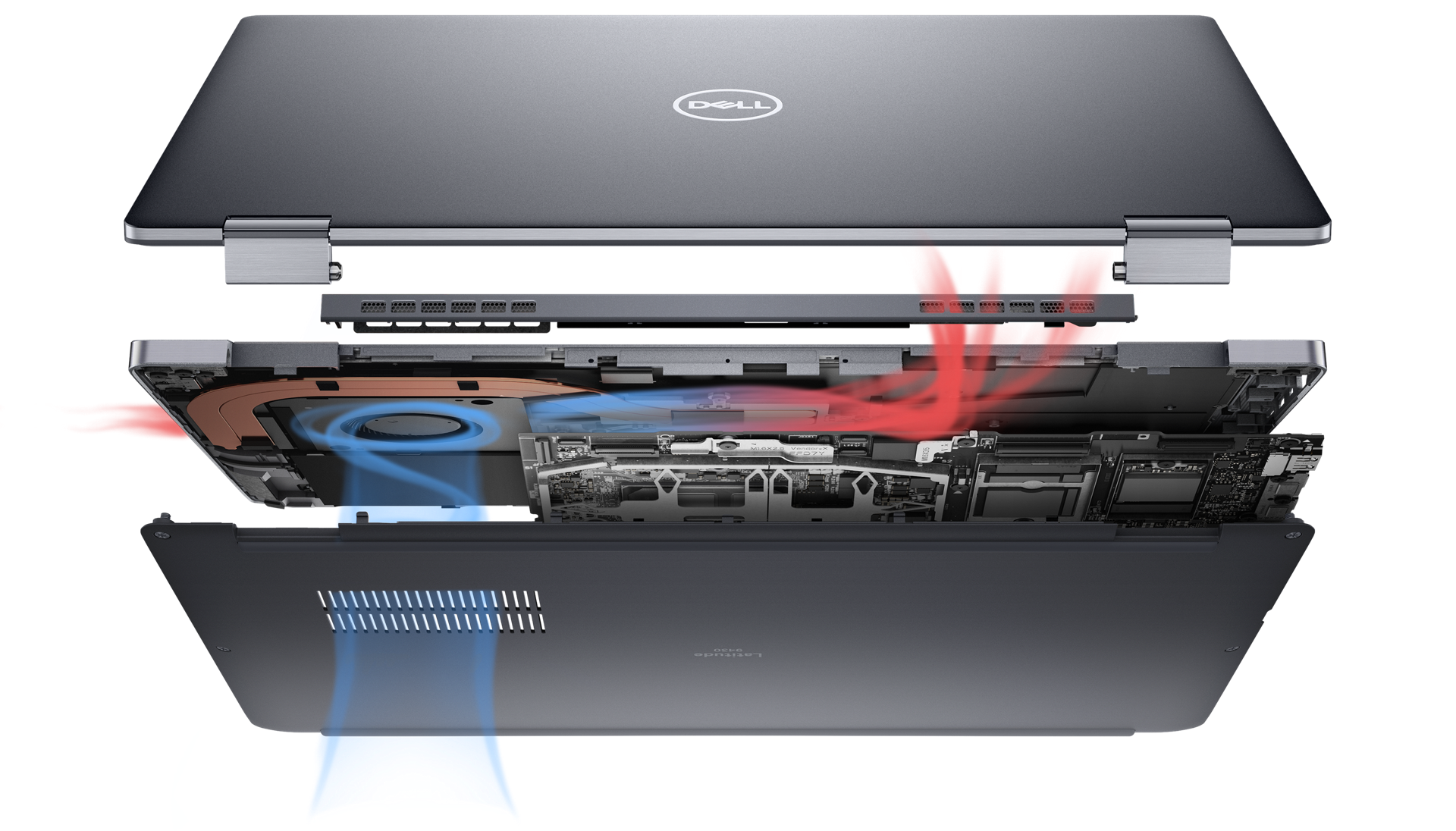 Image d’un ordinateur portable 2-en-1 Dell Latitude 14 9430 démonté illustrant l’intérieur du produit.