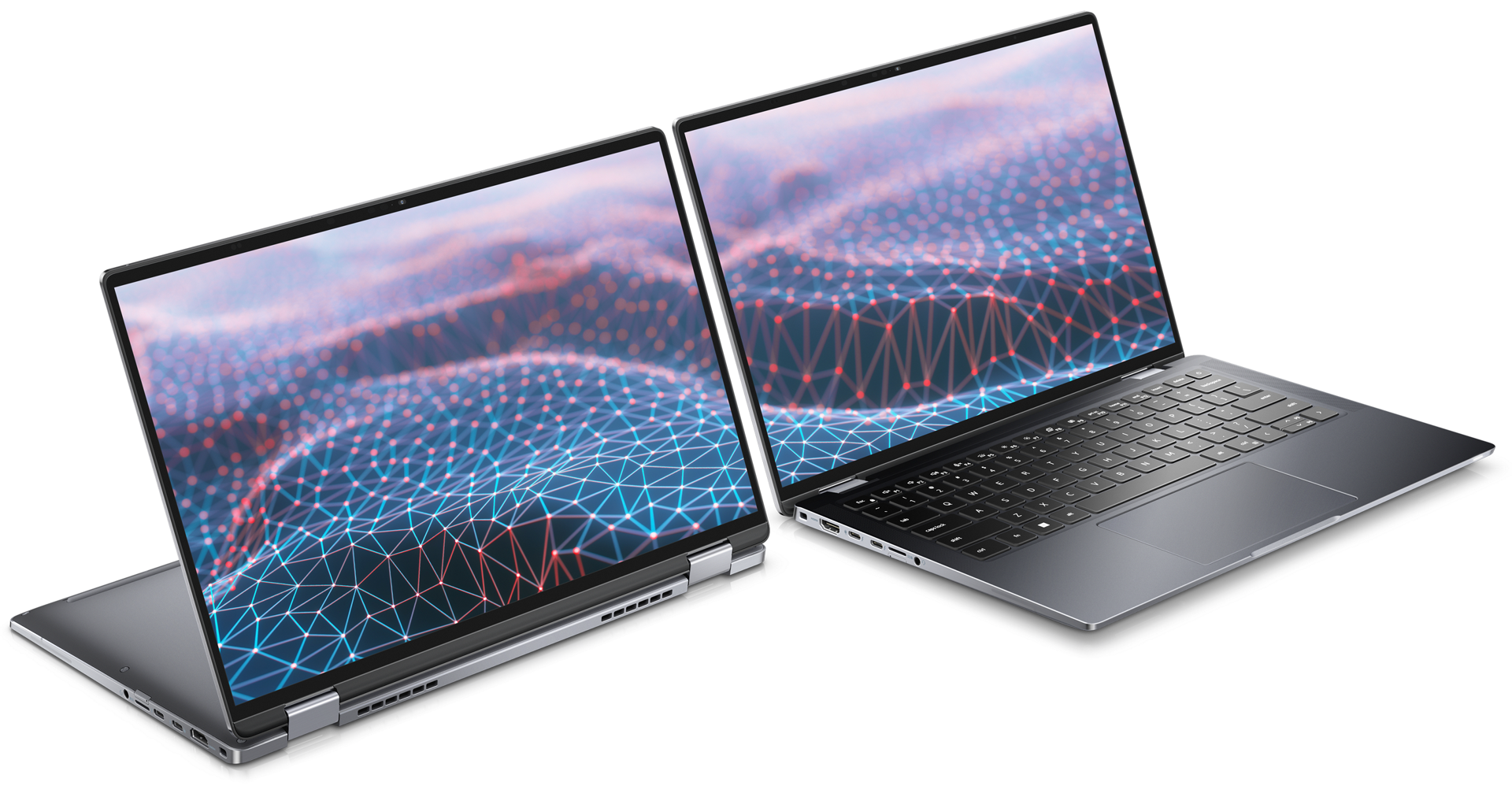 Image de deux ordinateurs portables 2-en-1 Dell Latitude 14 9430 côte à côte, l’un ouvert en tant que tablette et l’autre ouvert en tant qu’ordinateur portable.