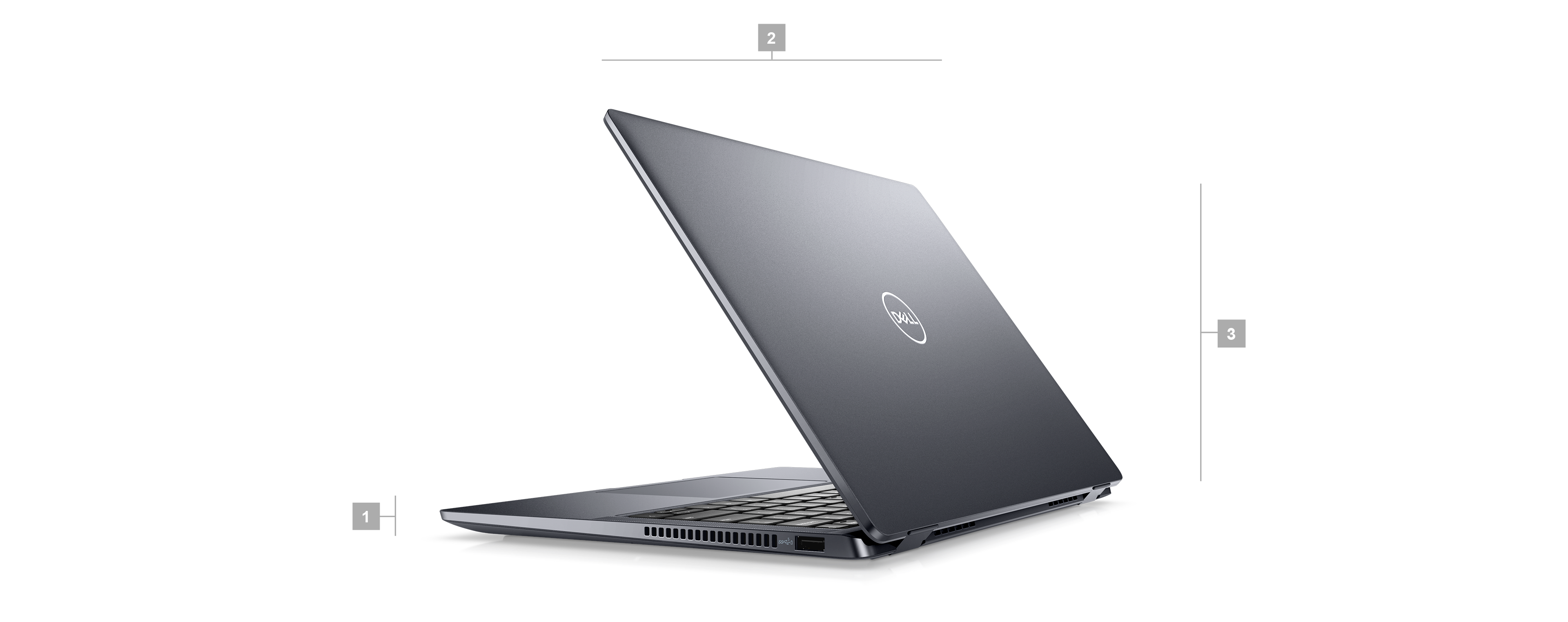 Image d’un 2-en-1 Dell Latitude 14 9430 avec l’arrière visible et les chiffres 1 à 3 indiquant les dimensions et le poids du produit.