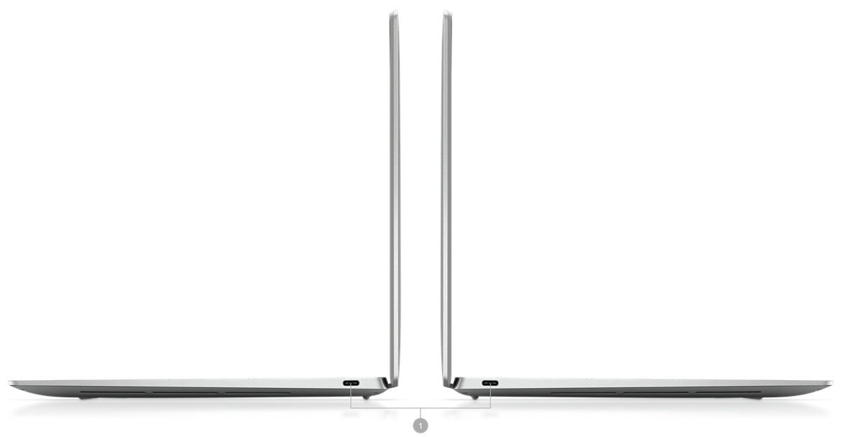 Photo d’ordinateurs portables Dell XPS 13 9320 placés sur le côté, avec le chiffre 1 signalant les ports et logements du produit.