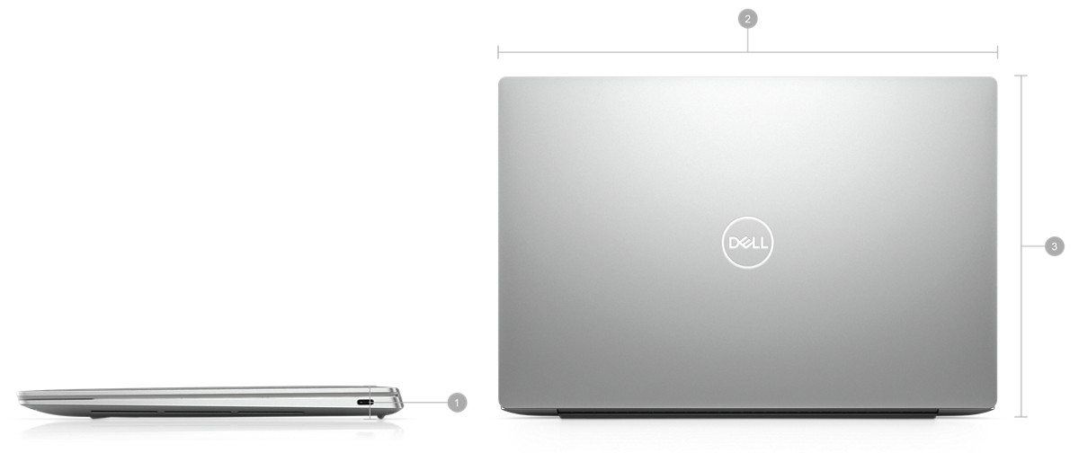 Photo d’ordinateurs portables Dell XPS 13 9320 avec les chiffres 1 à 3 signalant les dimensions et le poids du produit.
