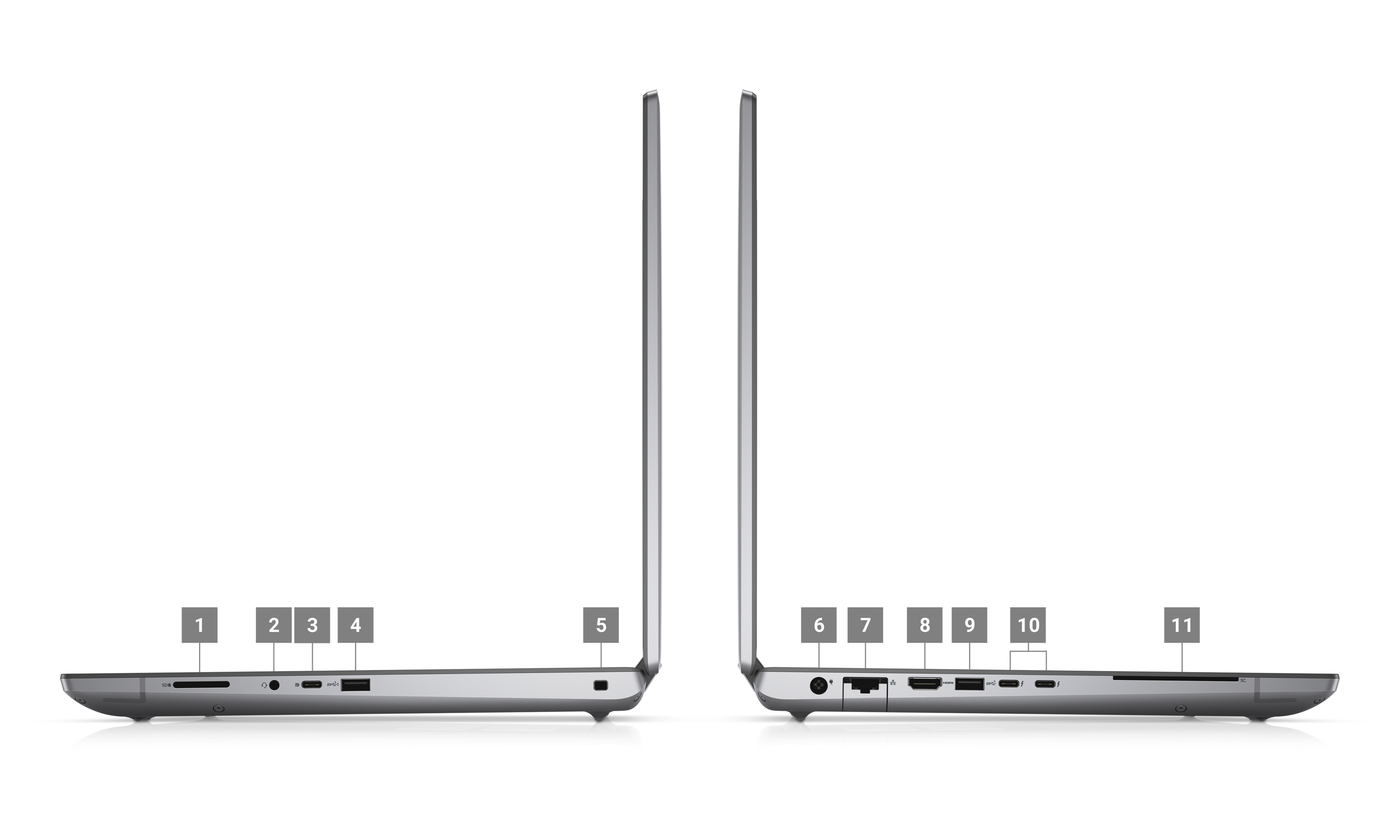 Image de deux stations de travail mobiles Dell Precision 7770 placées de côté avec des numéros compris entre 1 et 11 signalant les ports des produits.
