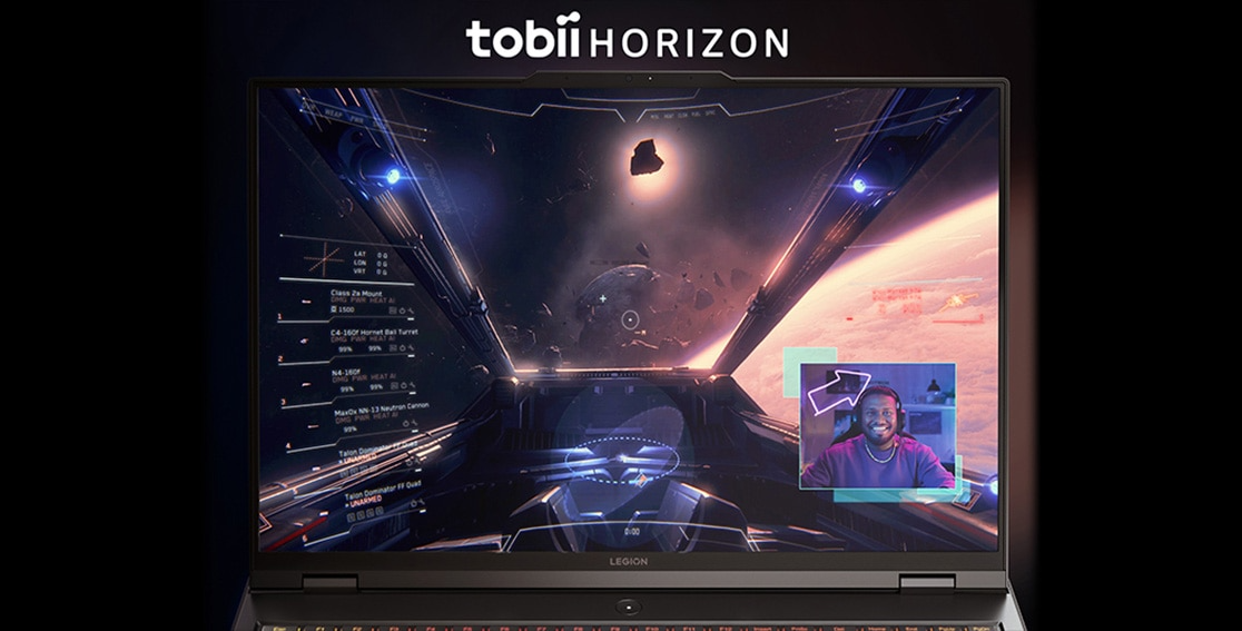Vue du cockpit d’une personne jouant sur le portable de gaming Lenovo Legion Pro 7 Gen 8 