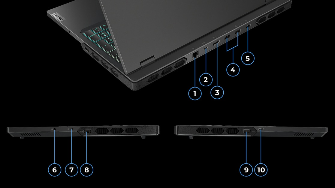 Vue arrière, profil droit et profil gauche du Lenovo Legion Pro 7 Gen 8
