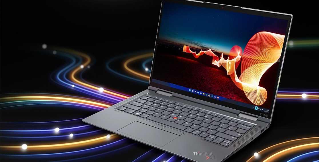 The Lenovo ThinkPad X1 Yoga Gen 7 2-in-1 laptop floating in the air with colorful swirls around it. 
