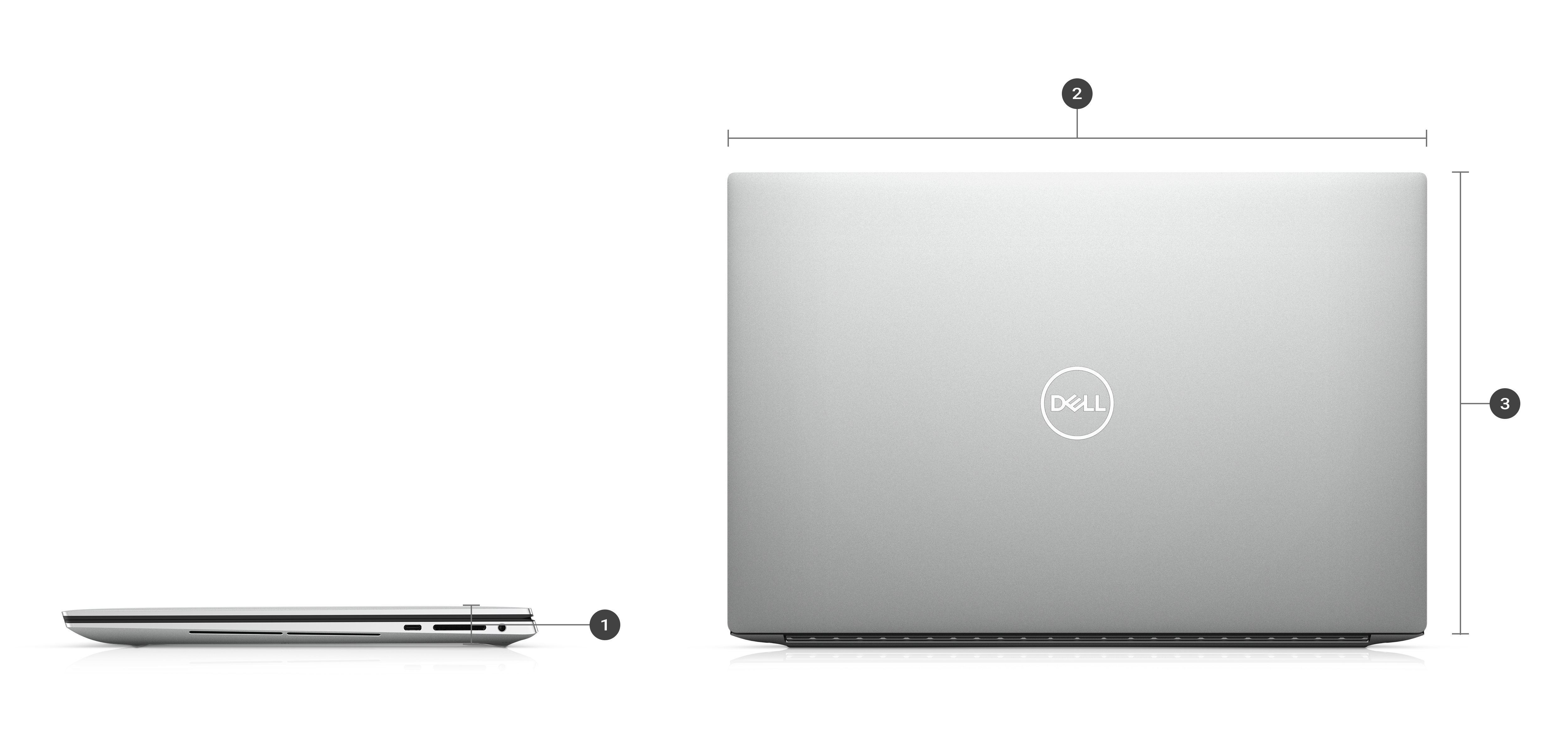 Ordinateur portable Dell XPS 15 9530 avec des numéros allant de 1 à 3 indiquant les dimensions et le poids du produit.