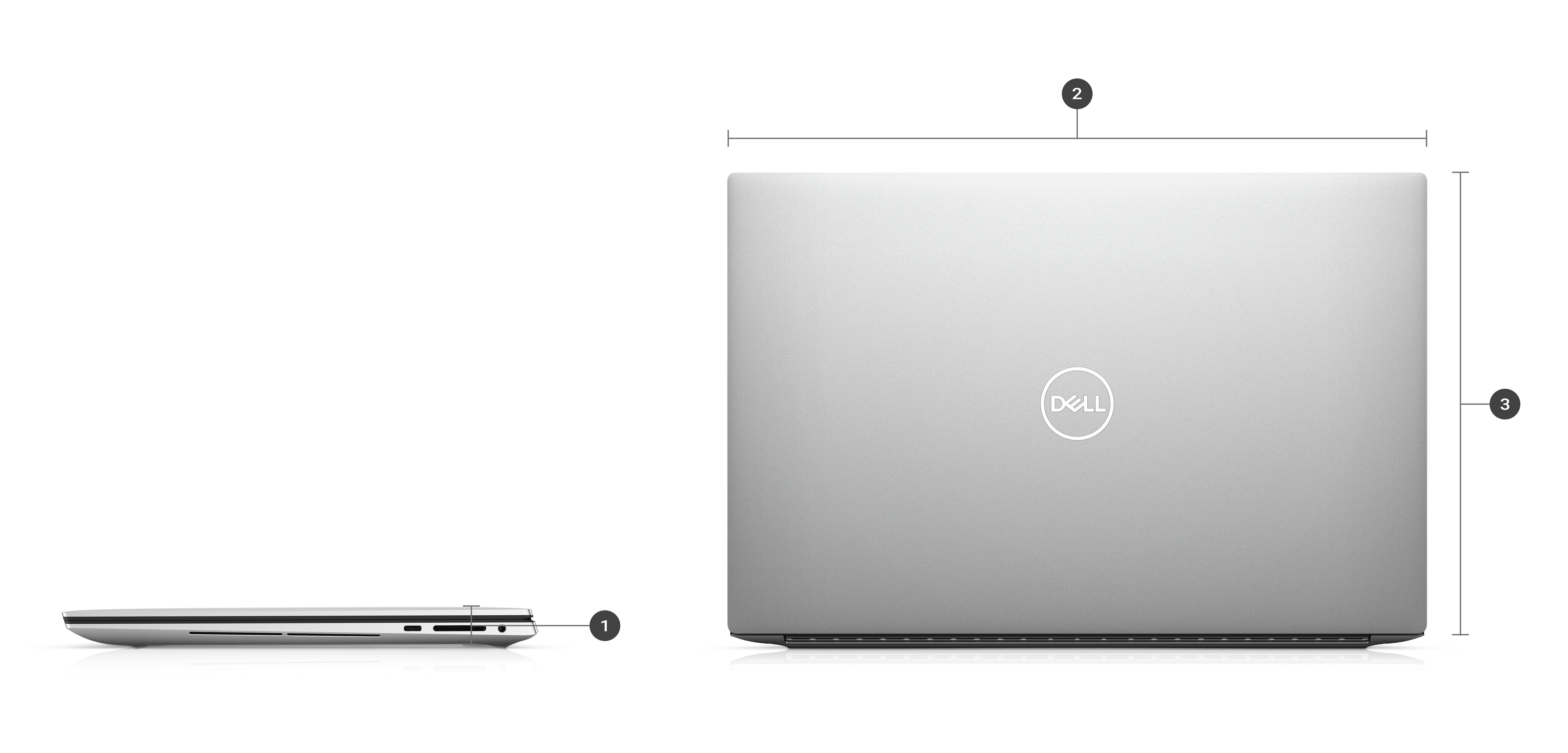 Ordinateur portable Dell XPS 15 9530 avec des numéros allant de 1 à 3 indiquant les dimensions et le poids du produit.