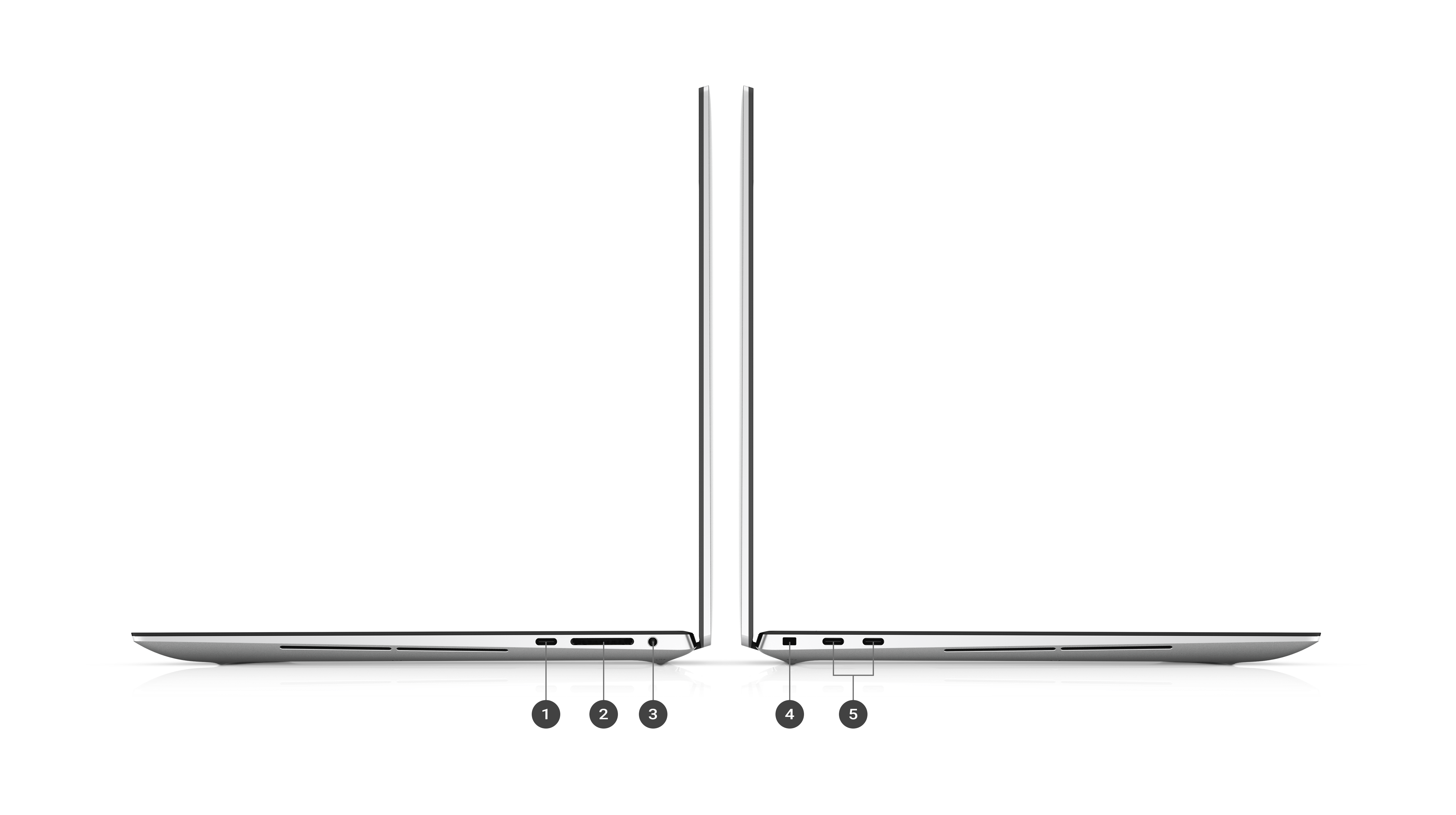 Ordinateur portable Dell XPS 15 9530 avec des numéros allant de 1 à 5 indiquant les ports et logements du produit.