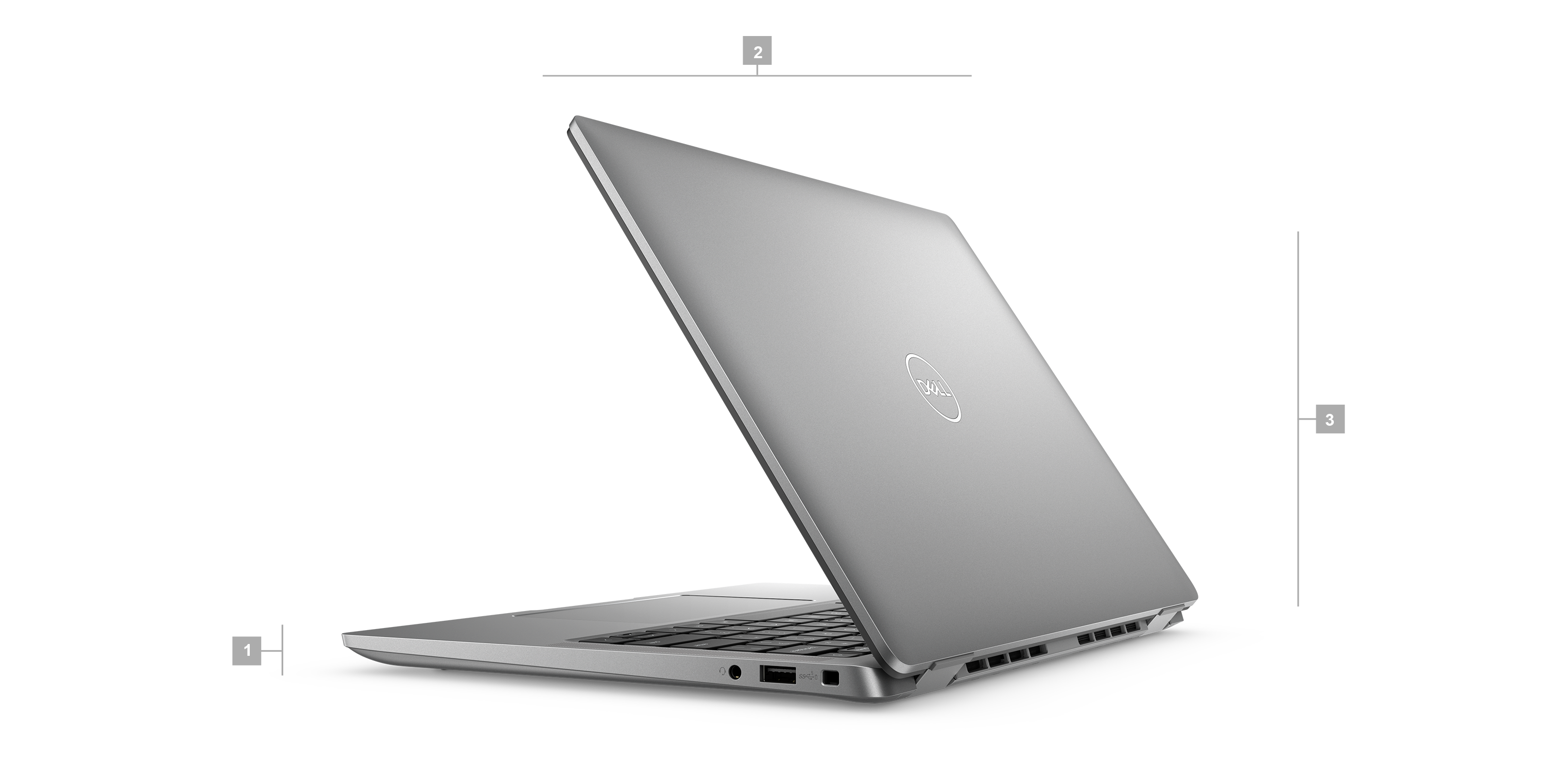 Ordinateur portable 2-en-1 Dell Latitude 14 7440 avec des numéros de 1 à 3 indiquant les dimensions et le poids du produit.