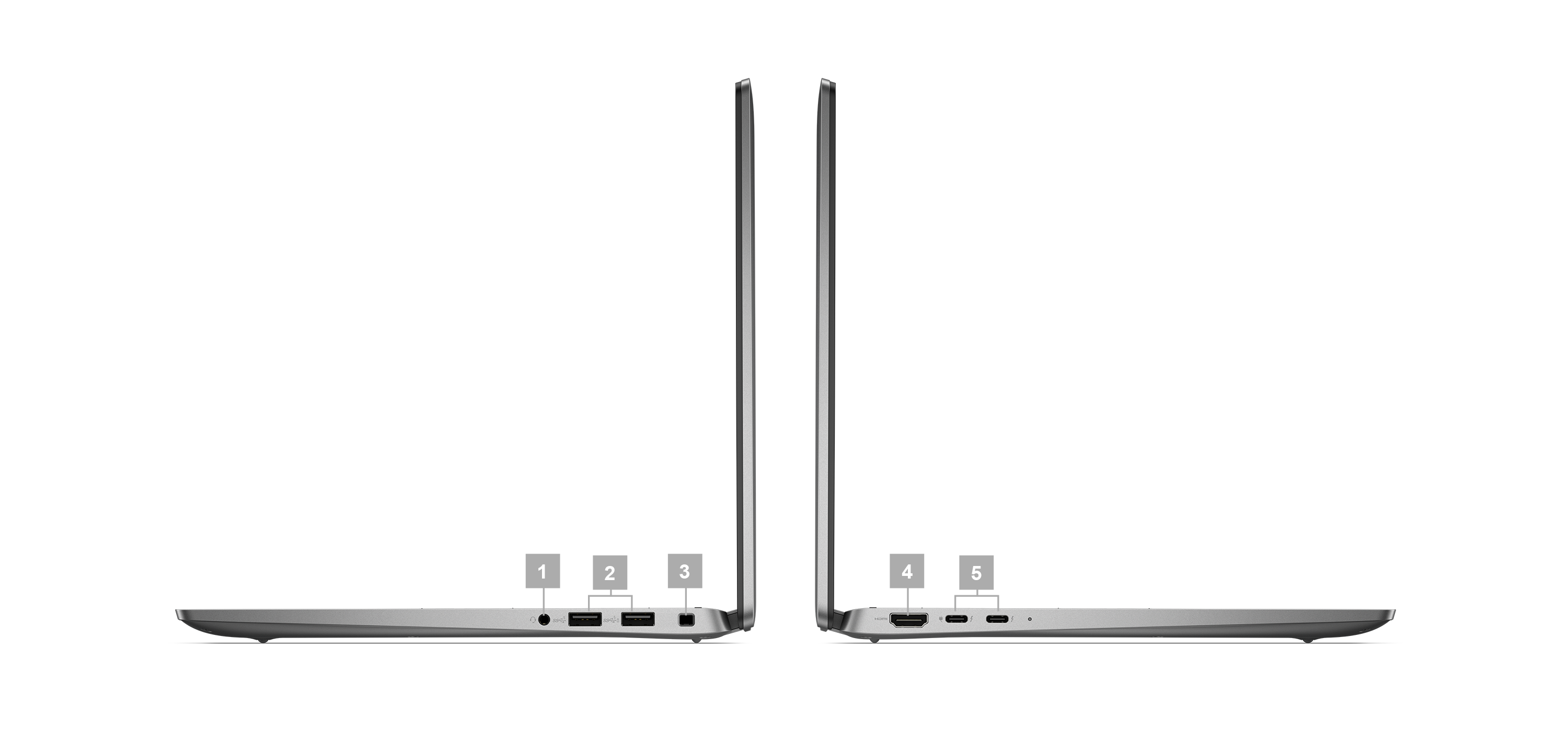 Ordinateur portable 2-en-1 Dell Latitude 14 7440 avec des numéros de 1 à 5 indiquant les ports et les logements du produit.