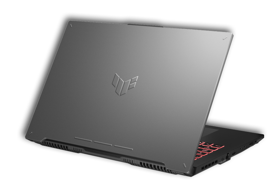 Vue du couvercle du TUF Gaming A15, avec l'accent mis sur le logo en relief.