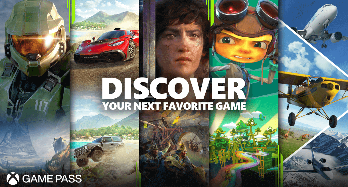 Rendu promotionnel des titres Xbox Game Pass, avec notamment Halo et Microsoft Flight Simulator.