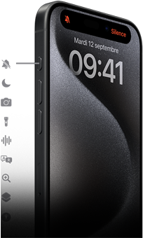 Un iPhone 15 Pro montrant neuf possibilités de configuration du bouton Action