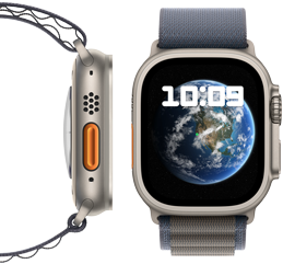 Vue de face et de profil de la nouvelle Apple Watch Ultra 2 neutre en carbone