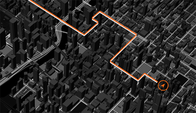 Carte mettant en évidence un itinéraire à travers un environnement urbain dense pour montrer les capacités du GPS haute précision