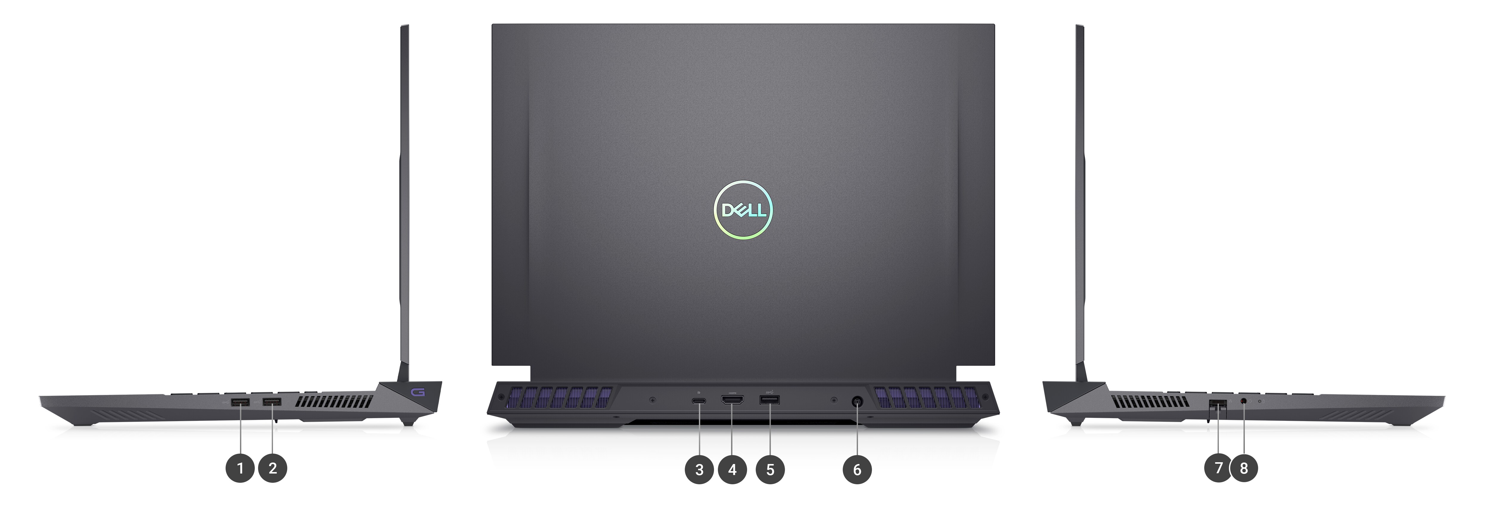 Ordinateur portable gaming Dell G-Series 16 7630 avec des numéros de 1 à 8 indiquant les ports et les emplacements du produit.