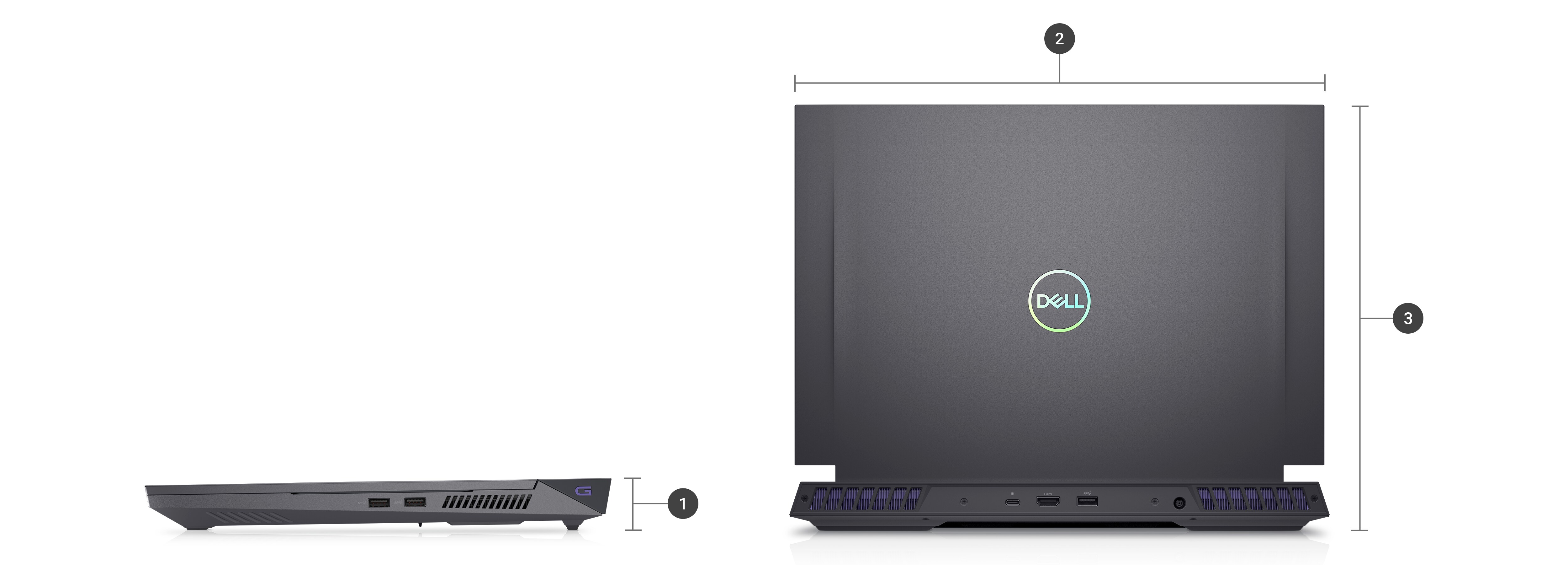 Ordinateur portable gaming Dell G-Series 16 7630 avec des numéros de 1 à 3 indiquant les dimensions et le poids du produit.